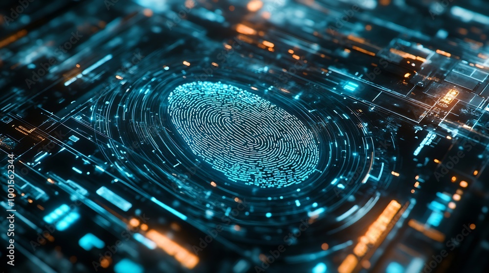 Poster biometric fingerprint scan provides security Cyber protection Internet technology Data Security : Generative AI