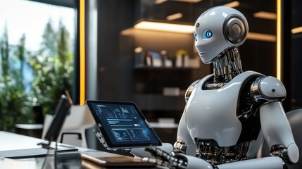 Fototapeta premium AI robot with a tablet, navigating virtual controls in a sleek, high-tech workspace