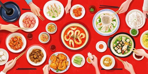 Hot Chines delicious food in red table
