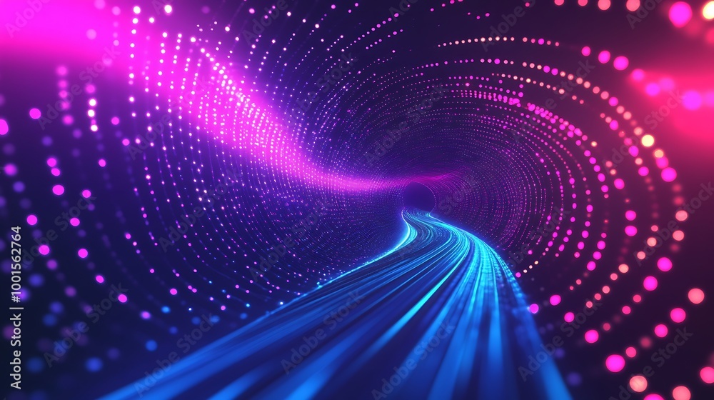 Poster abstract tunnel with blue light rays and pink dots.