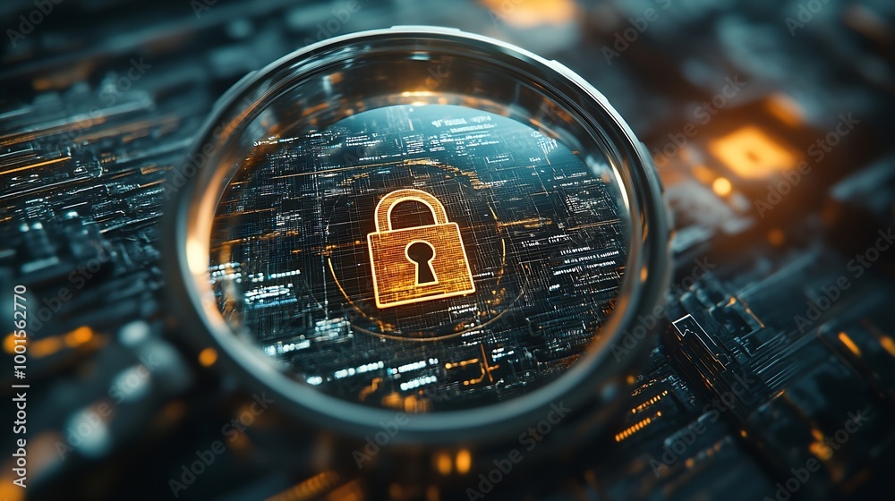 Leinwandbilder Magnifying Glass Focusing on Padlock and User Login Interface for Online Security and Protection topics on data security online protection and user safetydigital privacy and secure log : Generative AI