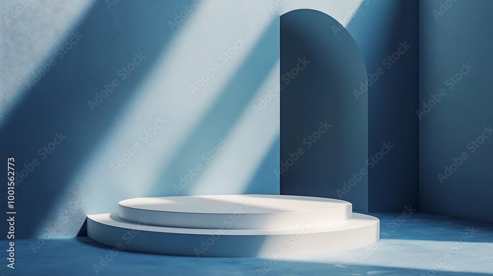 Leinwandbilder Abstract empty white podium with geometric shadows on blue background Mock up stand for product presentation 3D Render Minimal concept Advertising template : Generative AI
