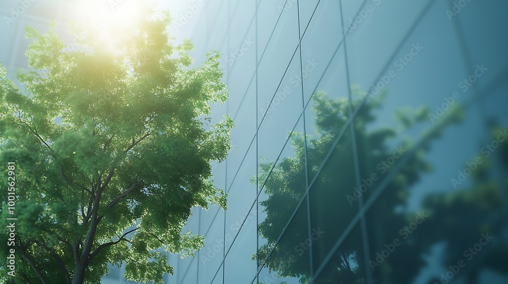 Poster sustainable green building ecofriendly building sustainable glass office building with tree for redu