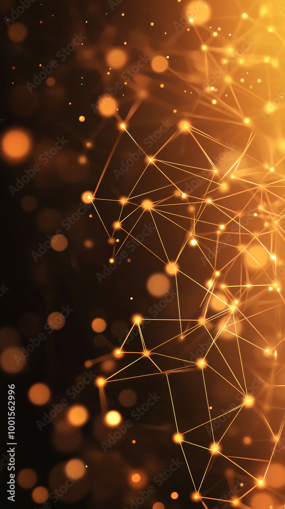 Poster connecting dots and lines on a dark orange background with blurred bokeh: an abstract network