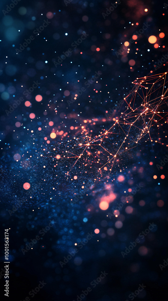Poster captivating digital wave of glowing particles in space, illuminated by calming blue light, evokes cr