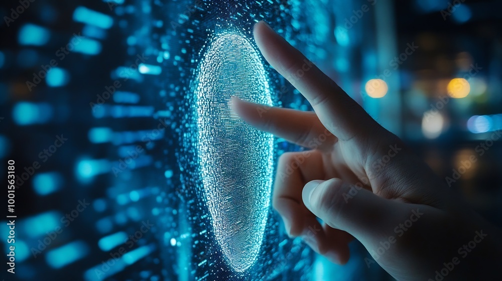 Poster Digital banking Cyber security data protection Businessman using fingerprint indentity and face id to access personal financial data biometric security on mobile banking app innovation : Generative AI