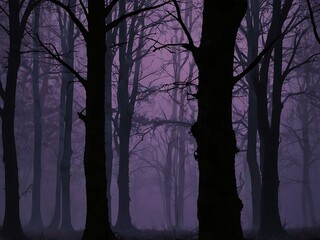 Creepy forest scene featuring twisted trees against a purple gradient.