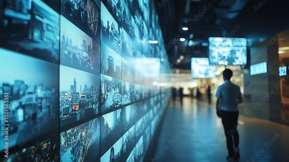 Poster Surveillance Camera CCTV Footage Multiple Screens Show Inside Building Unrecignizible People Walk HighTech Security Data Protection Mockup Screen Replacement Template for Computer Disp : Generative AI