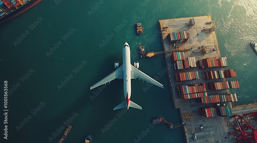 Poster aerial view and top view cargo plane flying above ship port in the export and import business and sm