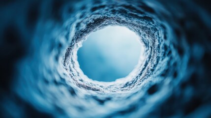 A mesmerizing perspective captures the sight through a round tunnel with blue tones, leading the...