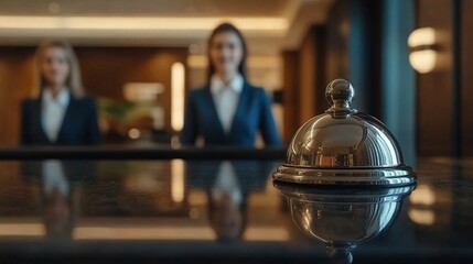 closeup of a hotel service bell on the reception desk, with two professional women in suits in the background, representing the luxury hotel’s hospitality and guest services at the front desk