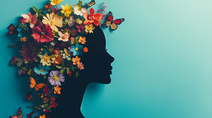 Vibrant paper art featuring a human silhouette filled with colorful flowers and butterflies, symbolizing creativity, nature, and transformation.
