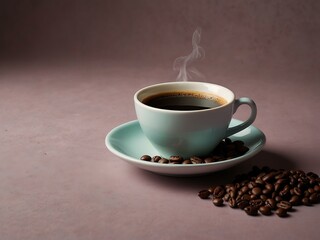 Cup of coffee with beans against a solid color backdrop.