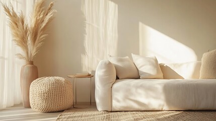 Interior design of living room with copy space beige sofa side table leaf in vase pouf elegant accessories and boucle rug Beige wall Minimalist home decor Template : Generative AI