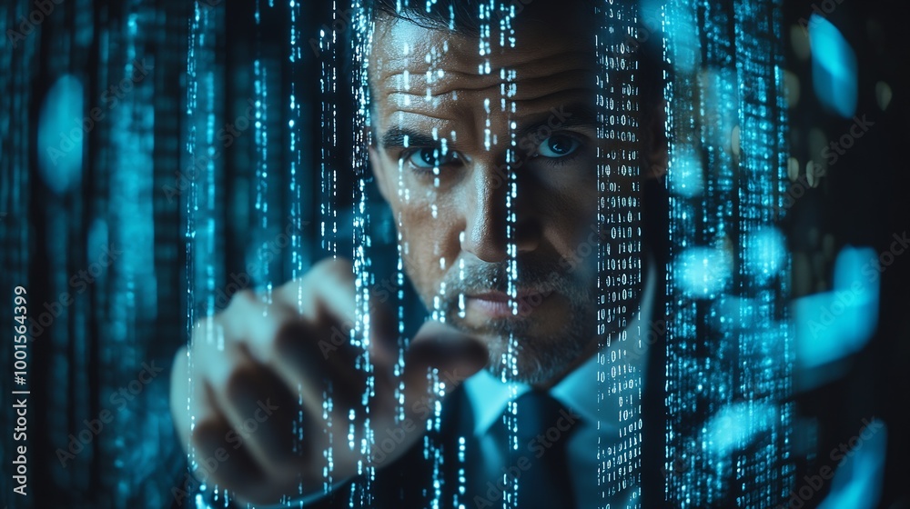 Poster Business person explore the core of cyber security Delve into protection methods cyber threats and bolster cyber security stance Essential for navigating the cyber security age FaaS : Generative AI