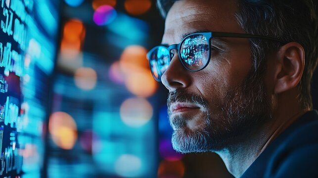 Data science business intelligence Business man using computer devices with internet global network technology and big data cloud computing AI software development digital technology : Generative AI