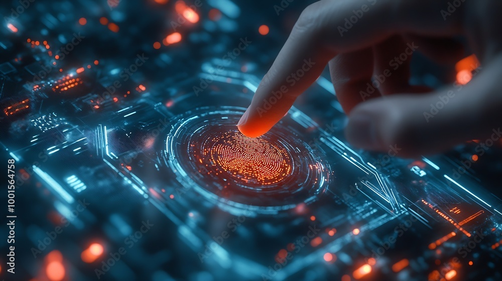 Poster Concept of cyber security digital technology business people use fingerprints to access personal cybersecurity keeping users personal information safe secure internet access : Generative AI