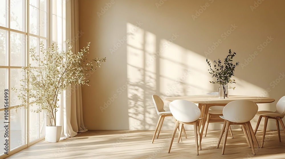 Wall mural Modern interior design of apartment dining room with table and chairs empty living room with beige wall panorama : Generative AI