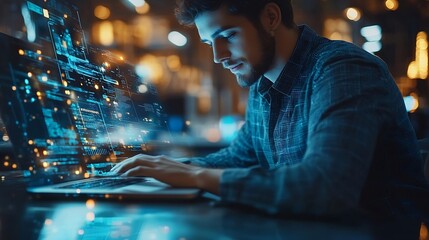 Thoughtful businessman programmer in casual wear typing on laptop at office workplace Concept of tech work business education internet surfing information technology Ai hologram : Generative AI