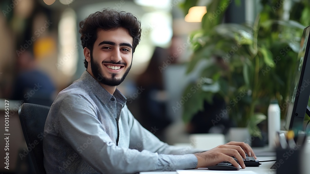 Leinwandbilder Smiling young middle eastern businessman sitting at worktable at modern office typing on computer keyboard sending emails to his business partners working on marketing research copy sp : Generative AI
