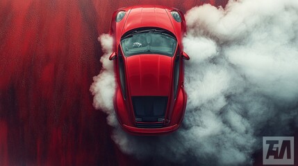 Fototapeta premium Aerial top view car drifting diffusion race drift car with lots of smoke from burning tires on speed track, Professional driver drifting car with lots of white smoke.