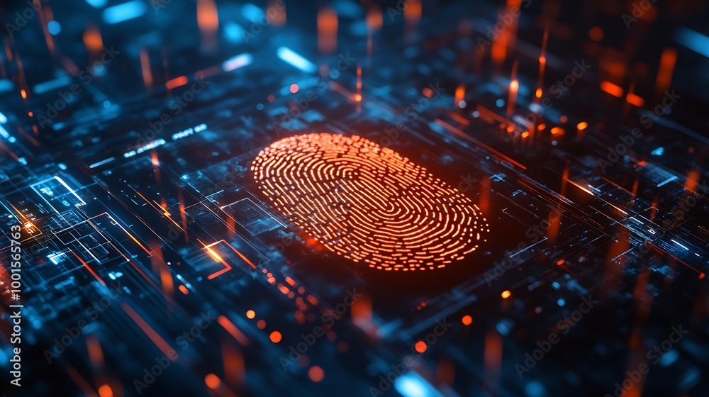 Fototapete Panoramic web banner of Fingerprint scan provides security access with biometrics identificationFuturistic Technology in Cyber security and data protectionRPA5gbig dataiotvrmixed virtu : Generative AI