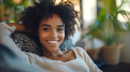 Happy young African woman sitting on comfortable sofa in living room at home Smiling pretty girl drinking coffee relaxing on couch looking away through window thinking in modern cozy h : Generative AI