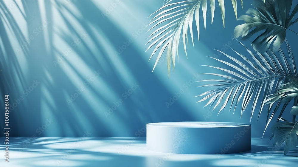 Poster abstract blue background with shadow of palm leaves for the presentation of a cosmetic product a sce