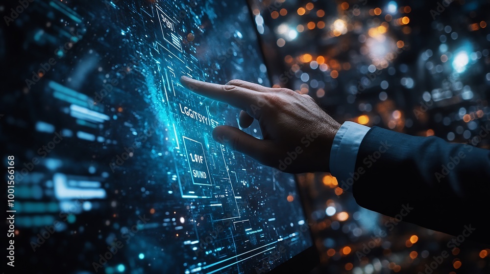 Poster Businessman using virtual touch screen presses inscription LEGACY SYSTEM Legacy Systems Business Technology Interoperability Upgrade concept : Generative AI
