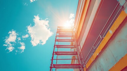 a ladder leaning against scaffolding under the sunlight, showcasing the construction site setup on a sunny day, with emphasis on safety, tools, and the building framework for an engineering project