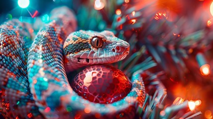 Obraz premium A snake is laying on a Christmas tree with a blue and purple ornament