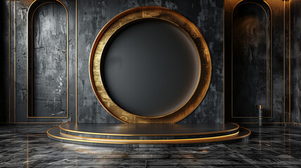 Luxury product display podium on black background with golden circular lines