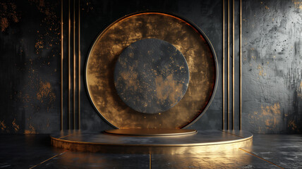 Luxury product display podium on black background with golden circular lines