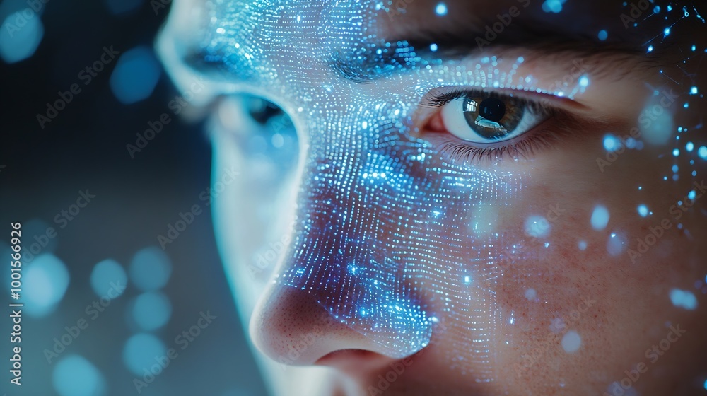 Aufkleber Facial recognition biometric security system cyber security network technology data protection concept Man using mobile phone with face scanning unlocked to access personal data and ne : Generative AI
