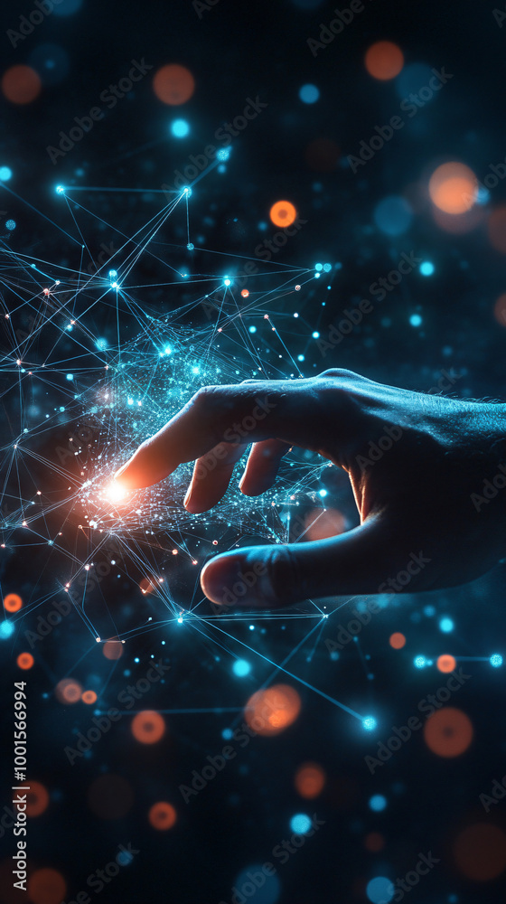 Aufkleber The power of technology: a glowing network of connections is being touched by a hand