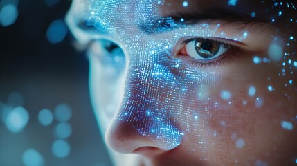 Facial recognition biometric security system cyber security network technology data protection concept Man using mobile phone with face scanning unlocked to access personal data and ne : Generative AI