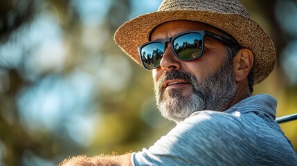 golfer in hat and sunglasses performing a powerful swing on the golf course, highlighting his skill and focus in the game, with a sunny outdoor setting and recreational sport atmosphere