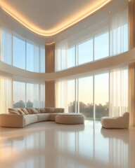 Fototapeta premium A large living room with a white couch and two chairs