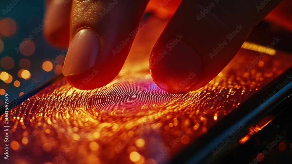 Poster Power of Biometric Security Networks Person unlocking their mobile phone with fingerprint : Generative AI