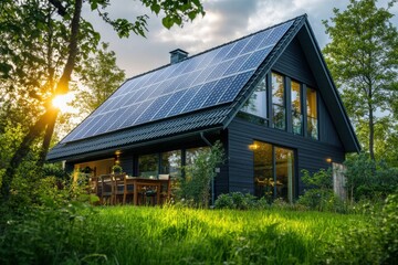 Obraz premium Modern black house with solar panels and large windows, eco-friendly design