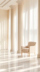 A chair is sitting in a room with tall pillars and white curtains
