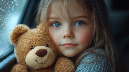 a cute child holding a teddy bear and gazing out of a car window, highlighting the thoughtful and innocent moment of a young girl traveling with her family, reflecting the emotions of a road trip