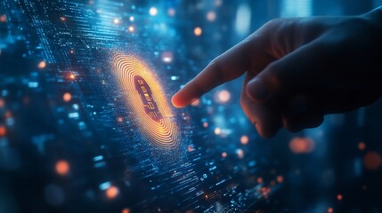 Close up of businessman hand pointing at abstract glowing id fingerprint web protection and security interface on blurry blue bokeh city background with mock up placeDouble exposure : Generative AI