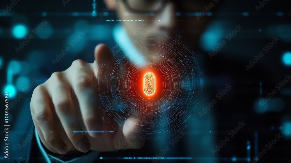 Poster Businessman and fingerprint scanning unlock and access to business data network Cloud Biometric identification and cyber security protect business transaction from online digital cyber : Generative AI