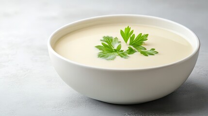 A bowl of soup with a green leaf on top