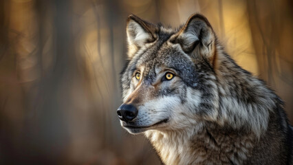 Fototapeta premium Grey wolf with intense yellow eyes in the forest