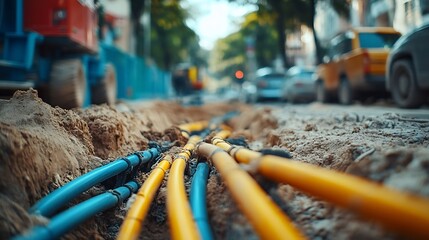 Various electrical cables dug out from the ground on the street laying underground  for technical work at the construction site : Generative AI