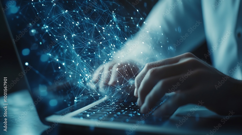 Poster Cyber security network Data protection concept Businessman using laptop computer with biometric identification on internet technology network with cloud computing and data management c : Generative AI