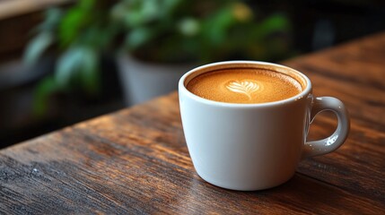 cozy closeup of a cup of freshly brewed coffee on a wooden table, steaming with rich aroma, ideal for a warm morning drink or a refreshing caffeine boost in a peaceful setting