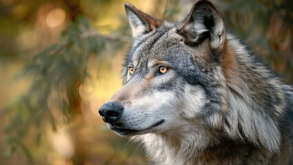 Obraz premium Grey wolf with intense yellow eyes in the forest